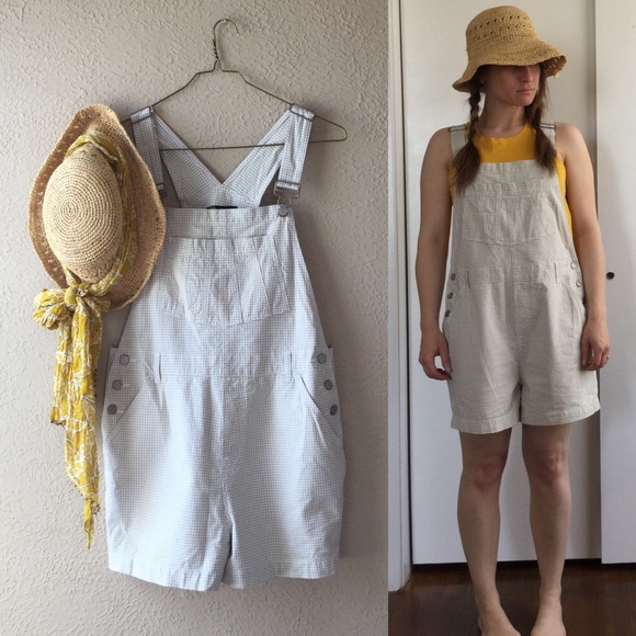 Vintage Other - VINTAGE Beige Gingham Carpenter Overalls Shorts ☀️